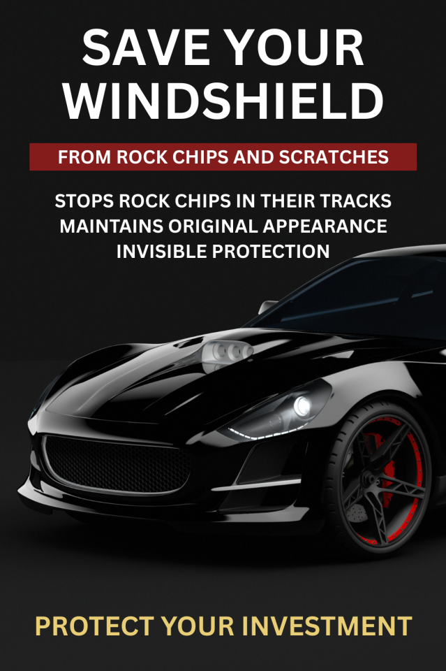 A black poster with a car in the middle. Title that says Save Your Windshield and a quick description about the benefits of windshield protective film with a CTA